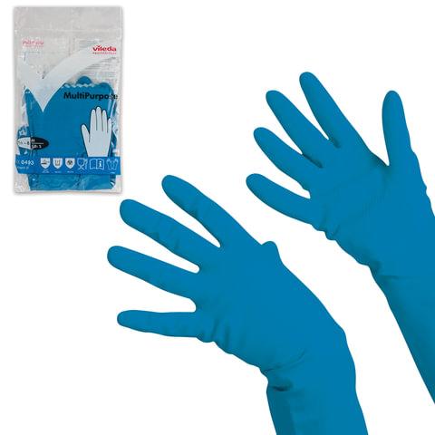 Перчатки VILEDA PROFESSIONAL многоцелевые латексные МНОГОРАЗОВЫЕ х/б напыление, ПРОЧНЫЕ, M (средний), синие, 174353